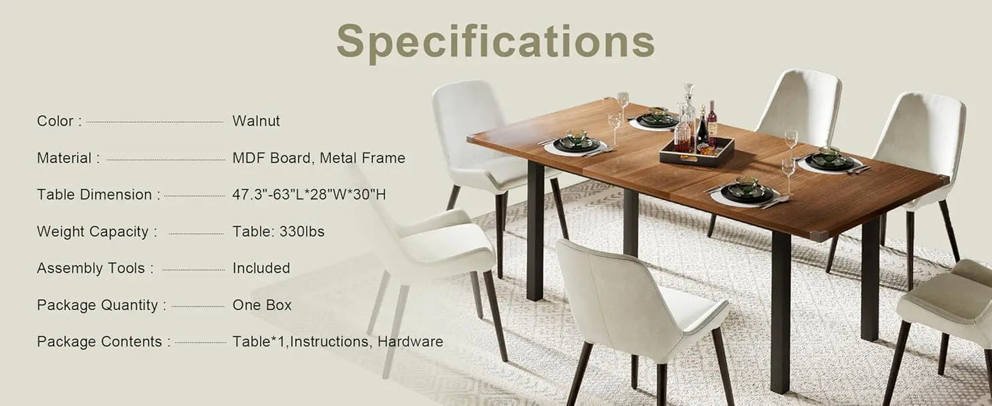 63 Inch Extendable Dining Table Modern Farmhouse for Dining Room Kitchen