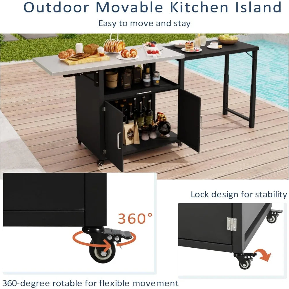 Outdoor Kitchen Island with Expandable Surfaces and Ample Storage
