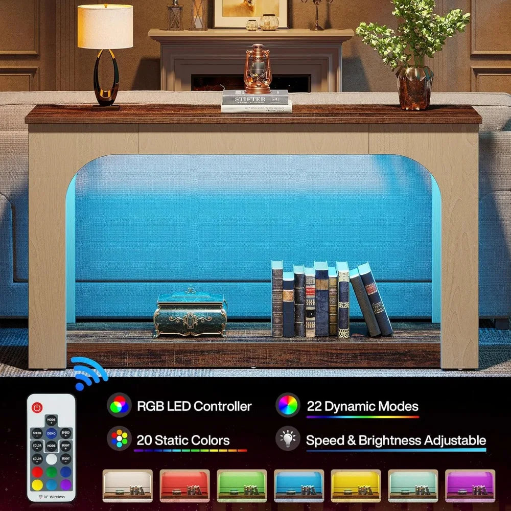 55 Inch Console Table with LED Lights Farmhouse Storage Sofa Table