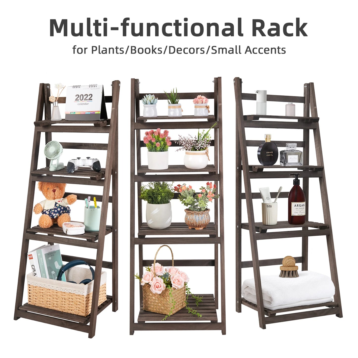 Rustic Wood Plant Stand 43" Foldable 4-Shelf Indoor Outdoor Rack