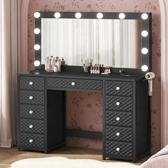 Makeup Vanity with Extra Large Mirror Lights Power Strip Storage