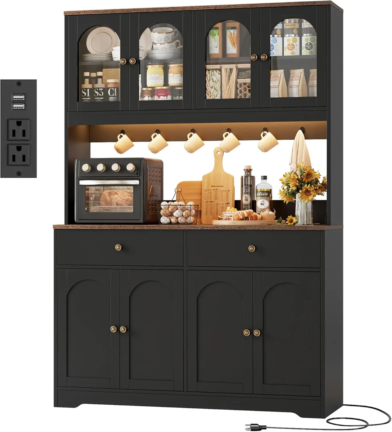 71 Inch LED Kitchen Pantry Cabinet Storage Hutch with Power Outlet