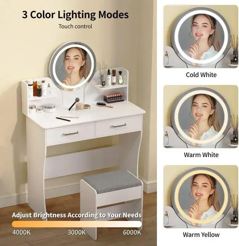 Vanity Desk with Mirror and Lights Makeup Table Set Storage Chair