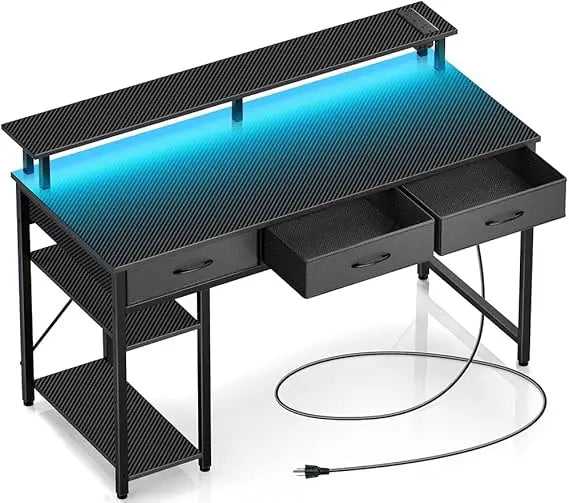 Computer Desk with Power Outlets LED Light Storage Shelves 47 Inch