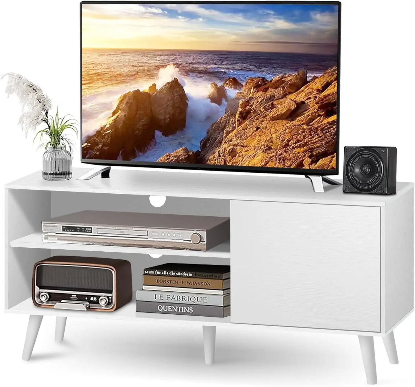 White Wood Modern TV Stand Entertainment Center with Storage Cabinet