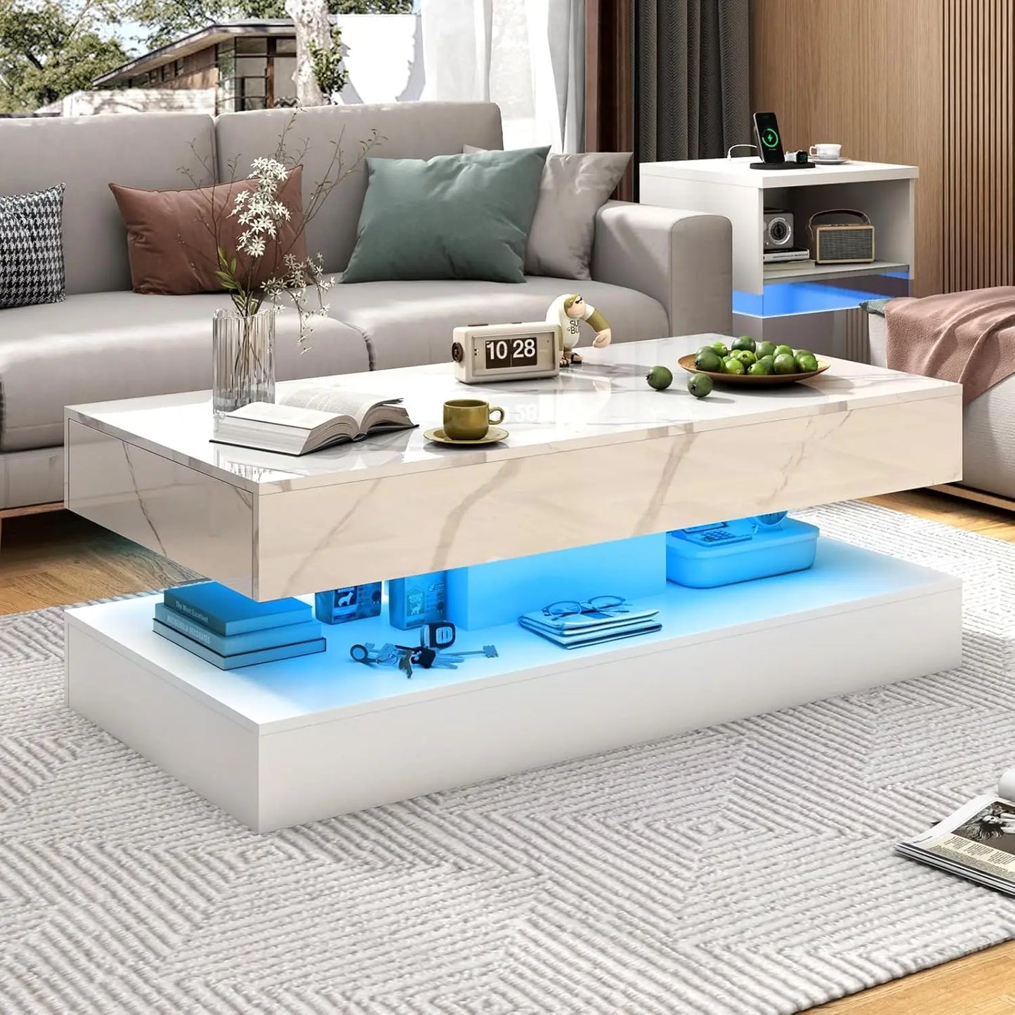 Modern Coffee Table with LED Lights Double-Layer Design Storage Drawers