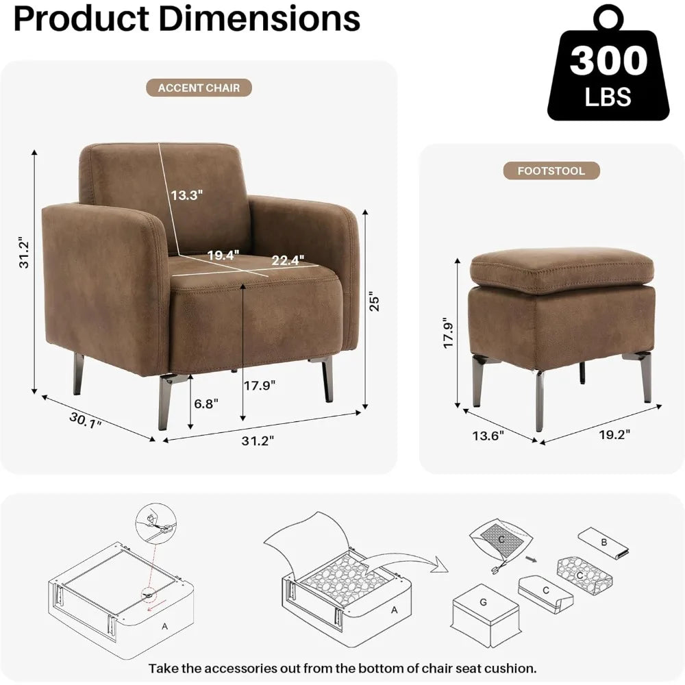 Accent Chair with Ottoman Mid Century Modern Upholstered Leather Armchair