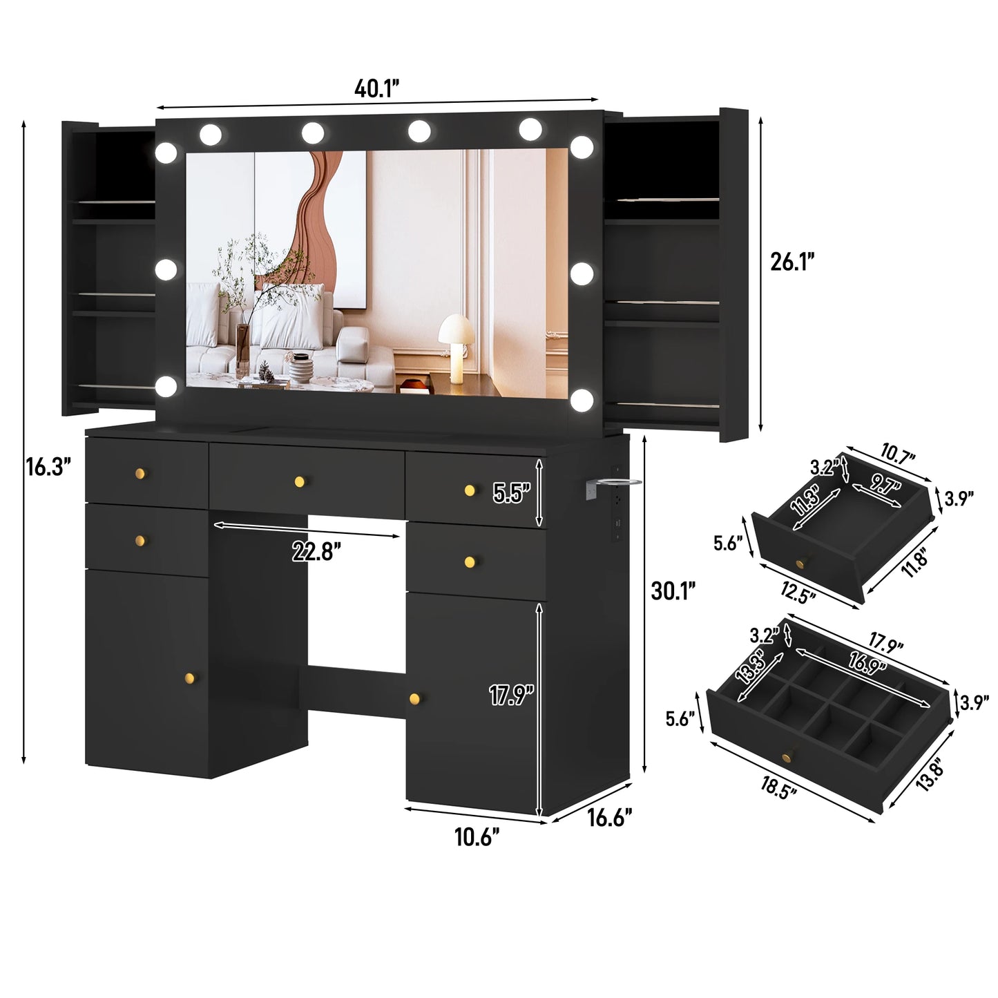 Vanity Desk with Lighted Mirror Charging Station & Storage Set