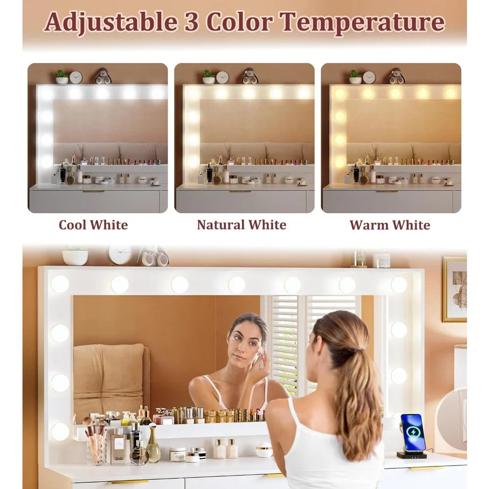 Ljustra Vanity Desk with Large Mirror Lights 9 Drawers Storage Outlet