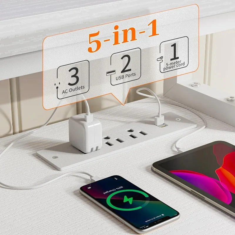 Ljustra 57" White Desk with Power Outlets Storage Shelves Monitor Stand