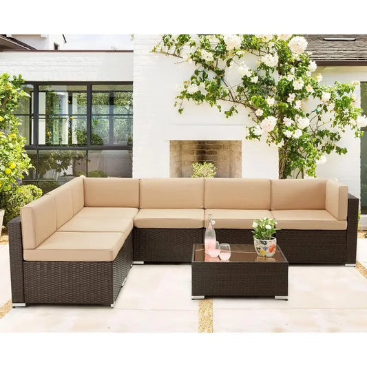Ljustra 7 Piece Outdoor Patio Furniture Set Wicker Sectional Sofa