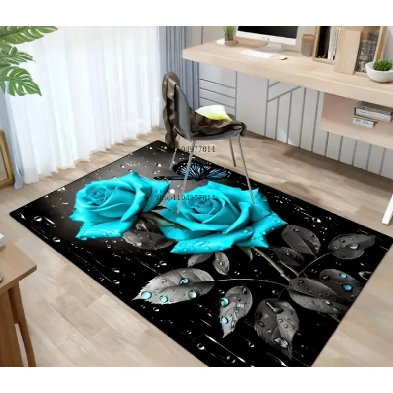 Blue Rose Pattern Carpet Soft Non-Slip Mat for Kitchen Bathroom Living Room