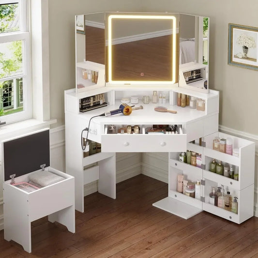 Modern Vanity Desk Tri-Fold Mirror Lights Storage Corner Makeup Table