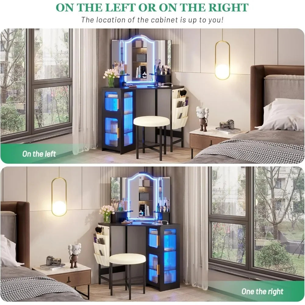 Corner Vanity Desk with Mirror LED Lights Makeup Charging Station