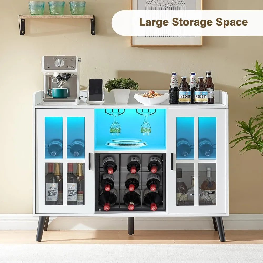 LED Wine Bar Cabinet with Storage Coffee Bar and USB Outlets