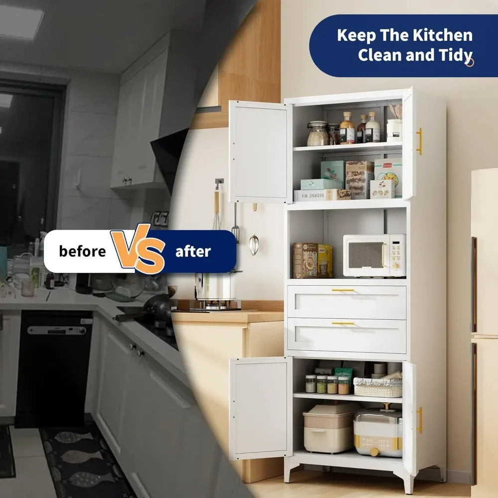 75 Inch Tall Metal Pantry Cabinet with Adjustable Shelves and Drawers