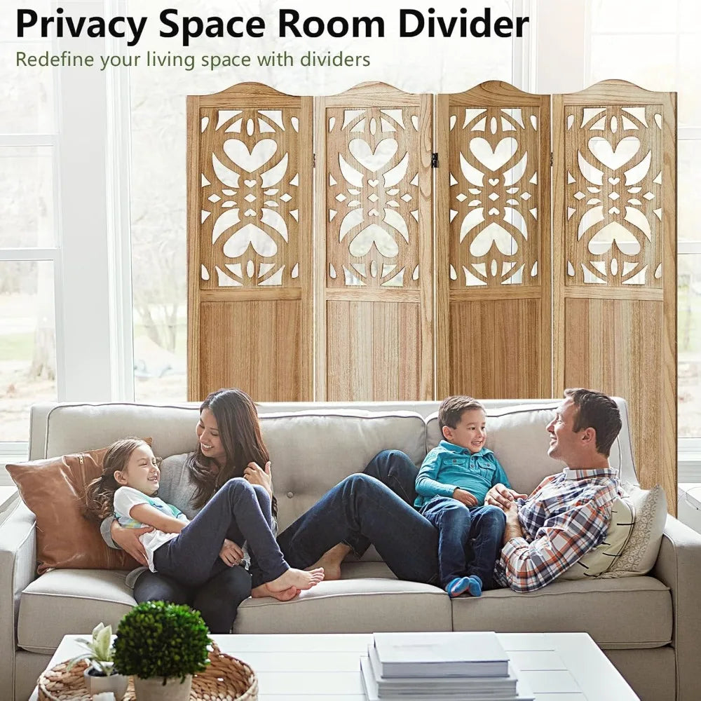 4 Panel Wood Carved Room Divider Folding Privacy Screen 5.6FT Tall