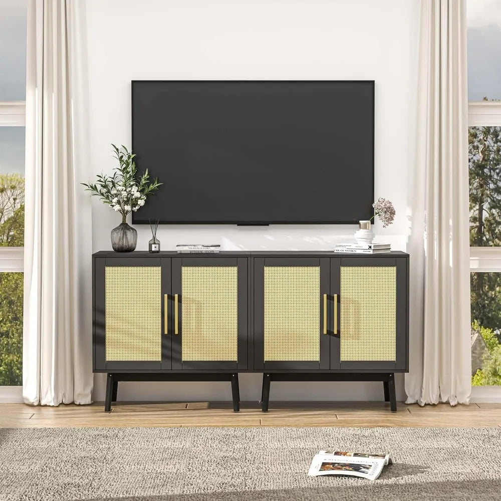 Sideboard Buffet Cabinet Set of 2 Rattan Storage for Kitchen Hallway