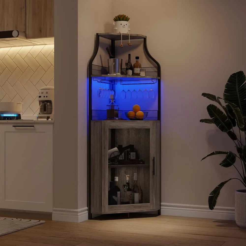 5-Tier Corner Liquor Cabinet LED Wine Bar with Removable Rack Glass Holder