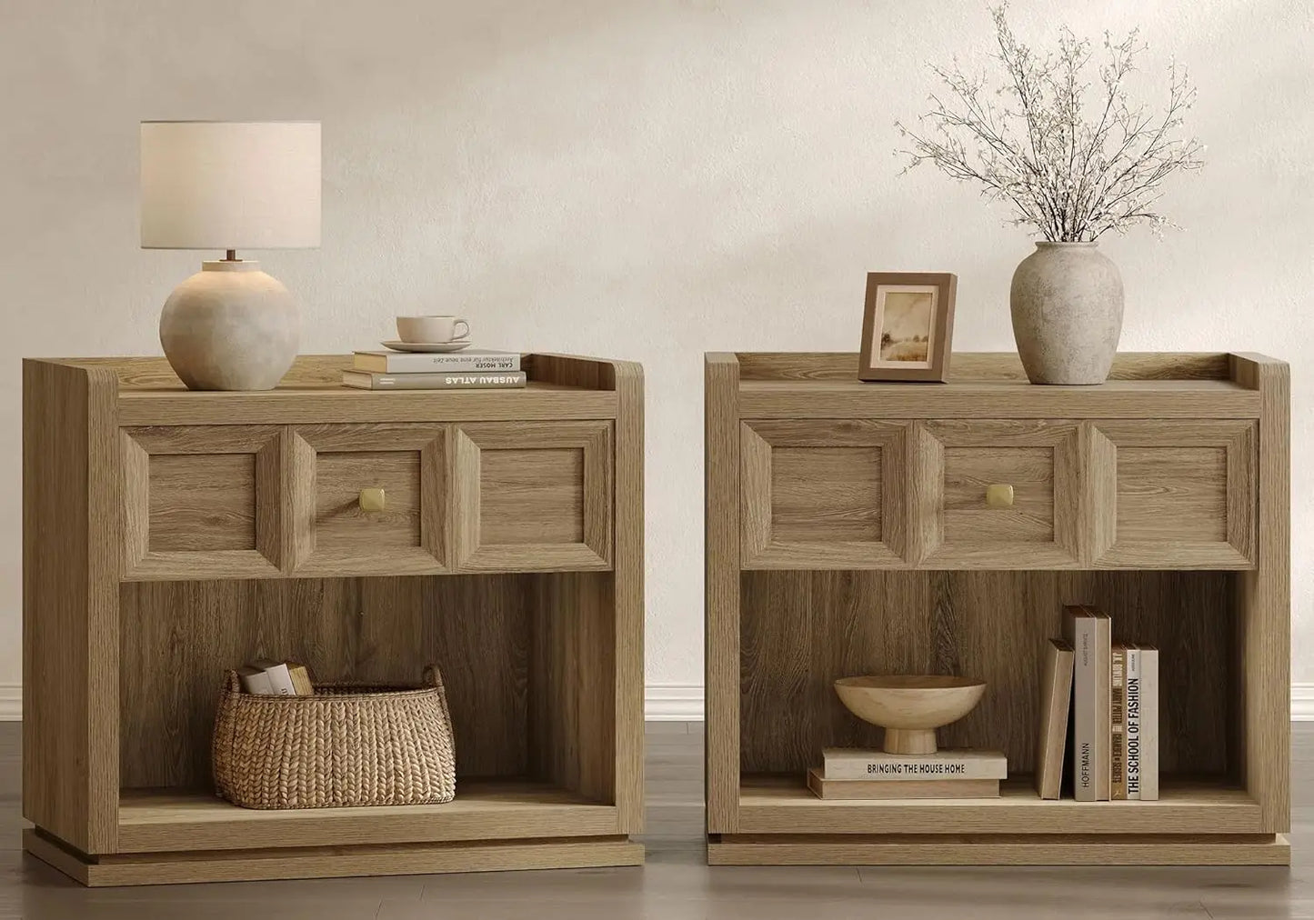 Night Stand Set of 2 Modern Bedside Tables with Drawer for Queen Size Bed