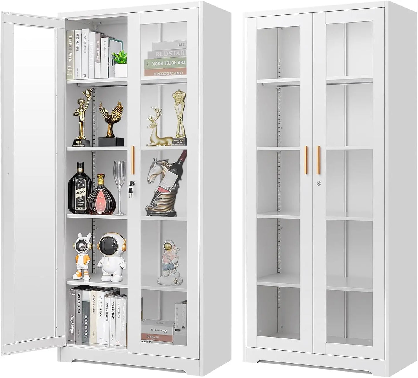 Display Cabinet Glass Doors Metal Curio Lock Shelves 71 Inch Tall Case