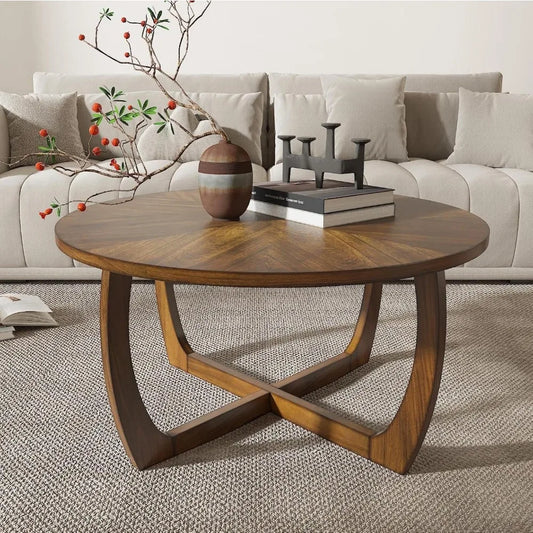 Mid Century Modern Round Wood Coffee Table 33.5" Walnut Living Room