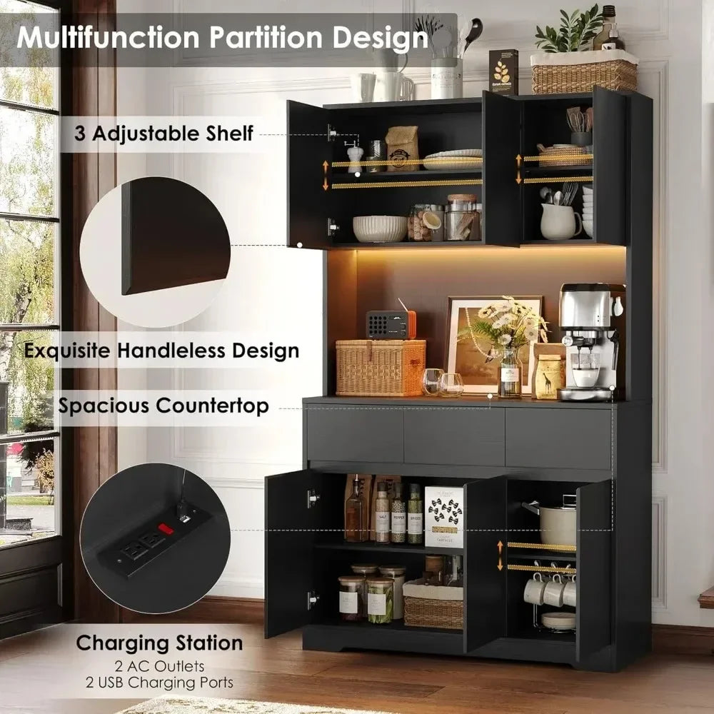 71 Inch Tall Kitchen Pantry Storage Cabinet with Power Outlets and LED Lights