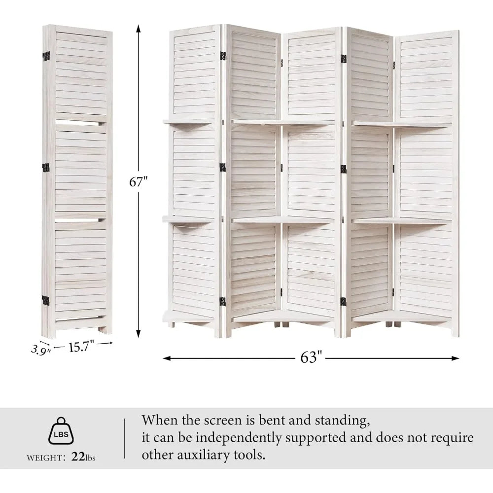 Room Divider with Shelves Folding Wood Screen 5 Panels for Home Office