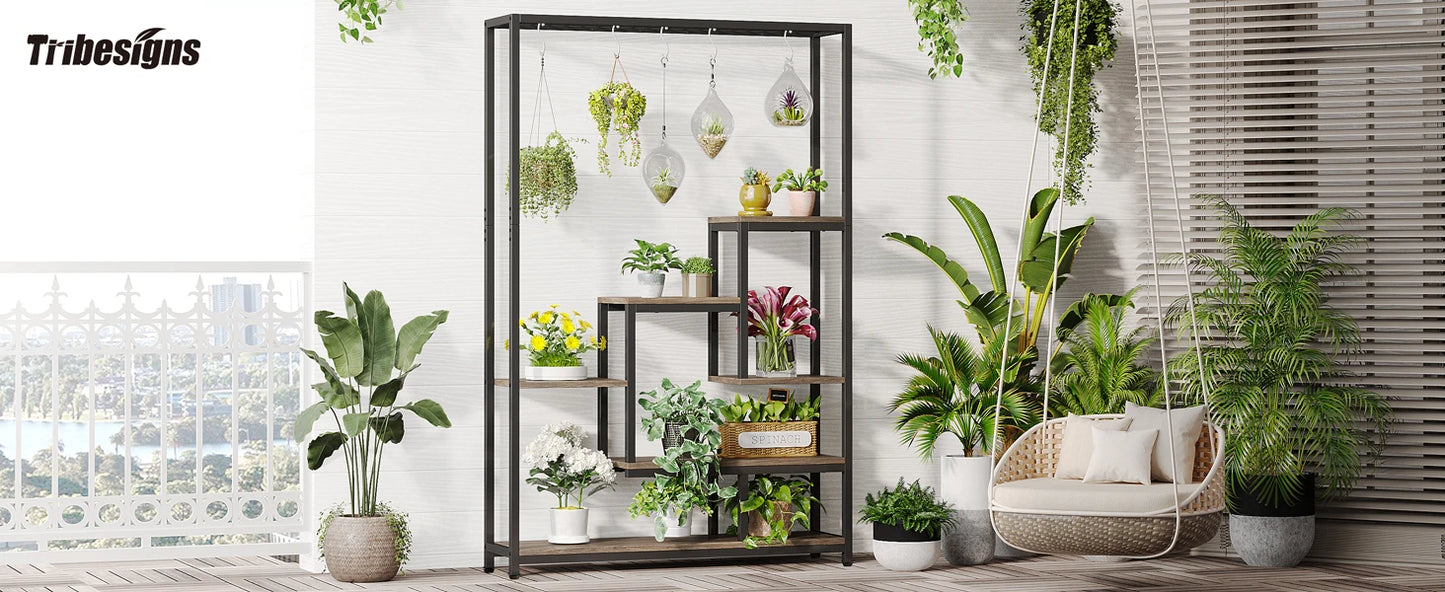 Ljustra 5 Tier Tall Indoor Plant Stand Shelf with Hanging Hooks