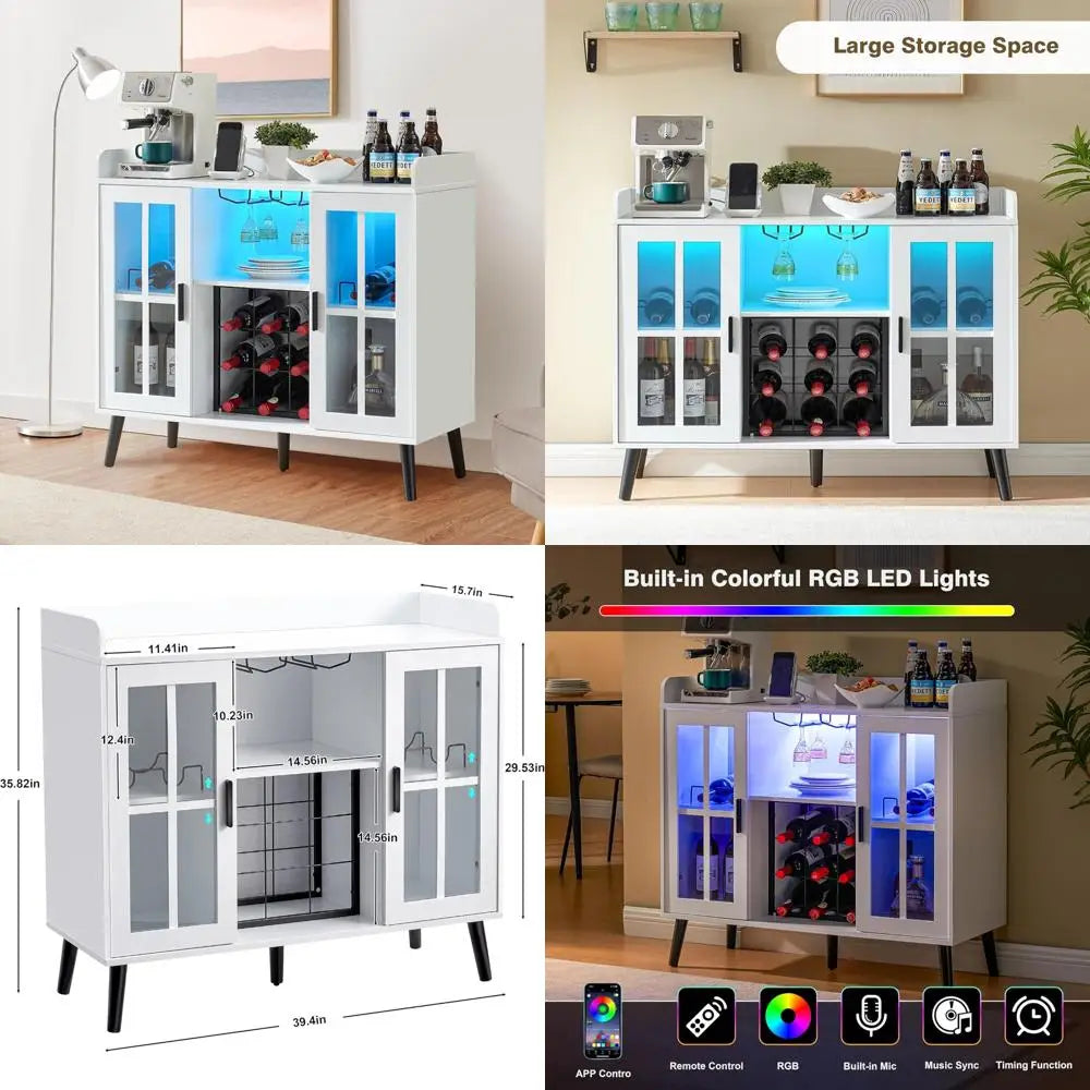 LED Wine Bar Cabinet with Storage Coffee Bar and USB Outlets