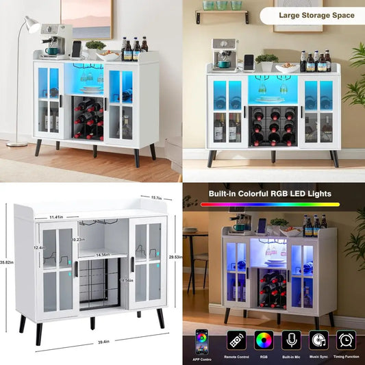 LED Wine Bar Cabinet with Storage Coffee Bar and USB Outlets