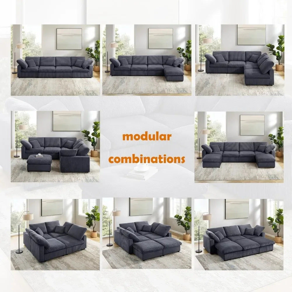 Ljustra 110" Large Modular Sofa Bed, Modern Sleeper Chaise, Corduroy Cloud Couch