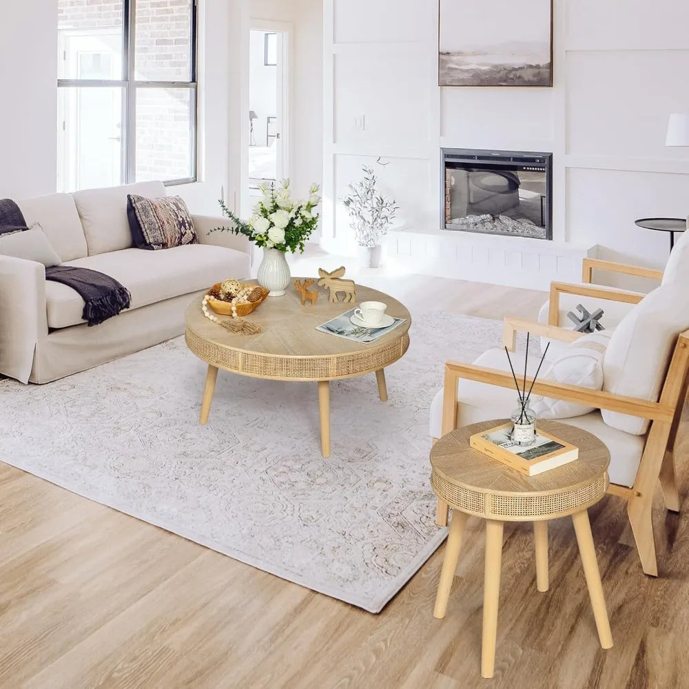 Farmhouse Round Coffee Table Rustic Nesting Table Set for Living Room