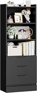 Tall Bookshelf with Drawers Open Shelves Modern White Bookcase