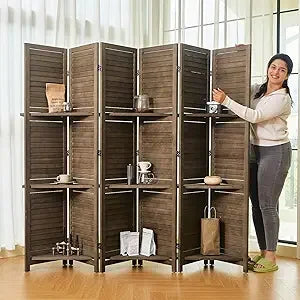 Folding Wood Room Divider with Shelves for Home Office and Study