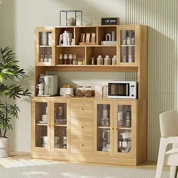 Large Kitchen Hutch Cabinet with Glass Doors and Drawers for Storage
