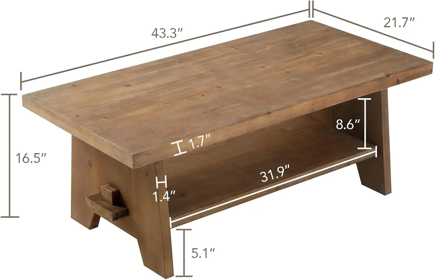 Farmhouse Wood Coffee Table 43.4 Inch Mid Century Modern Firwood