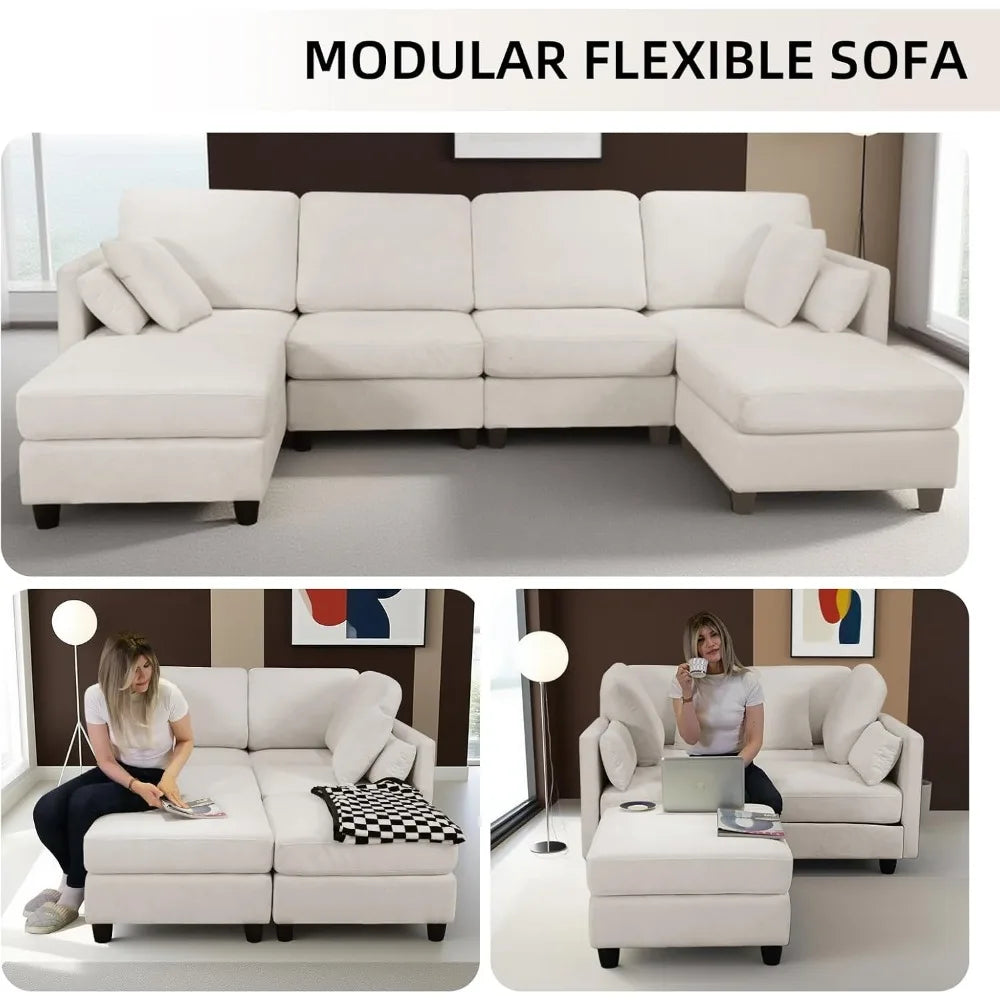 U-Shaped Sectional Couch with Double Ottoman Cloud Sectional Couches for Living Room 4 Seat Sofas