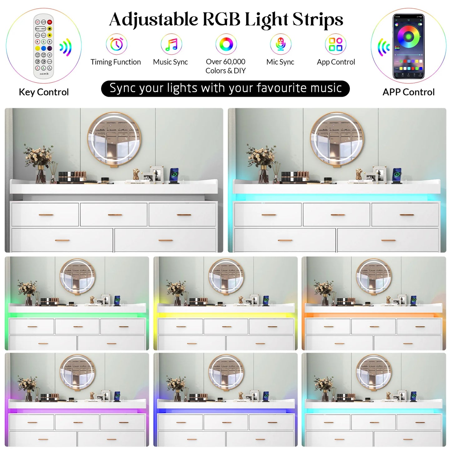 Modern 7 Drawer Dresser with LED Light Charging Station Chest of Drawers