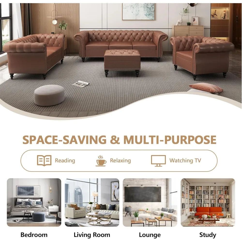 Ljustra Chesterfield 3-Seater Sofa Modern Leather Tufted Couch