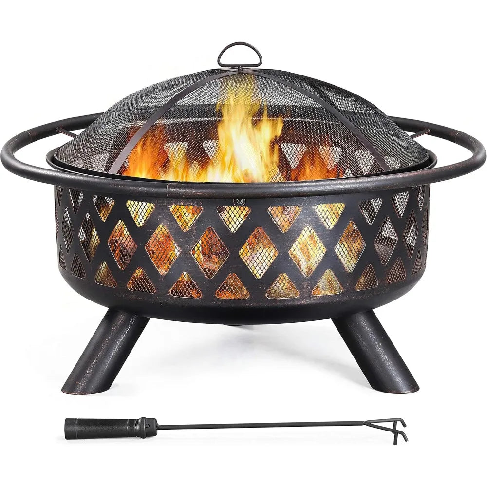 Outdoor Wood Burning Fire Pit 36in Large Round Patio BBQ Bonfire