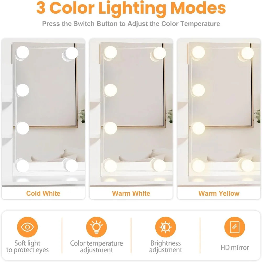 Modern Vanity Desk Set with LED Mirror Storage Stool Dressing Table