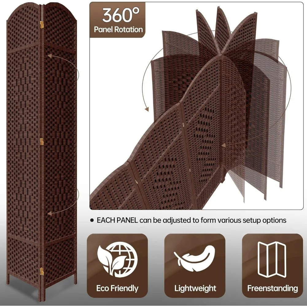8 Panel Room Divider 6ft Tall Folding Privacy Screen 360° Rotation Wood
