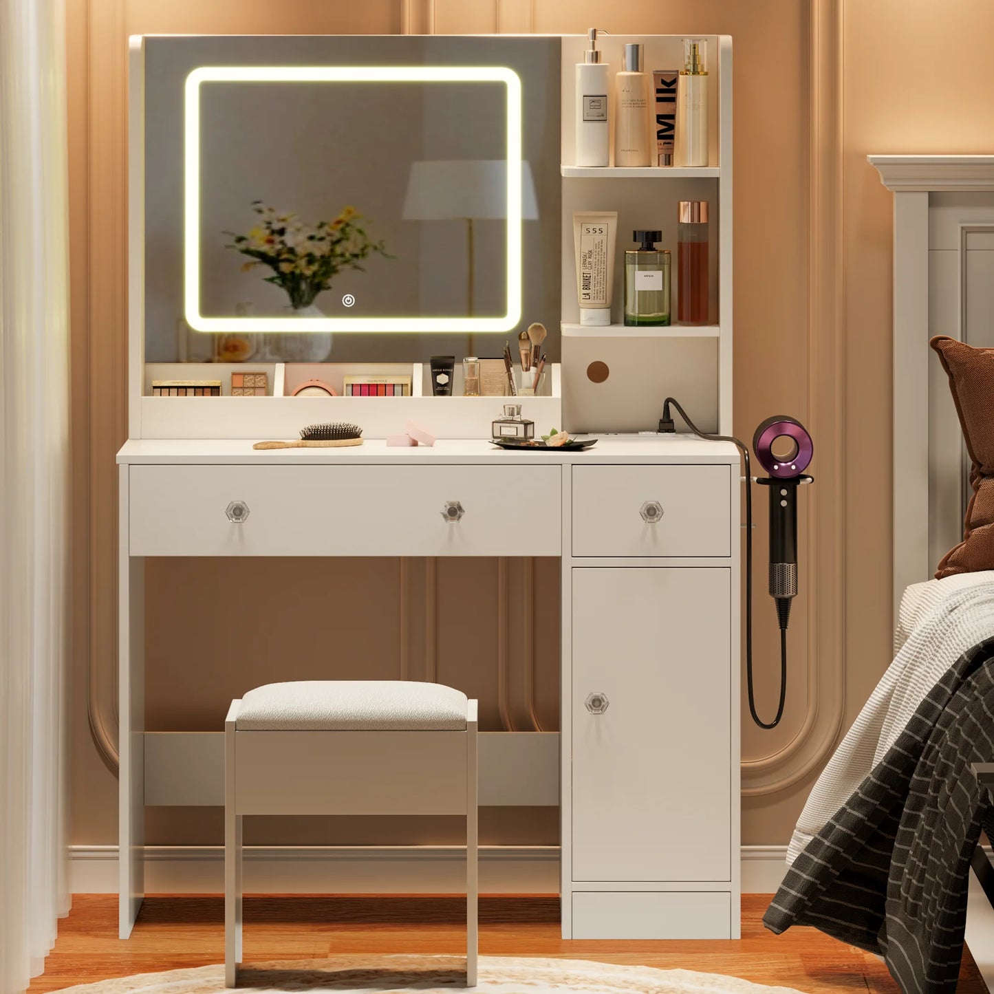 Satifur Vanity Desk with LED Mirror Power Outlets Makeup Stool Set