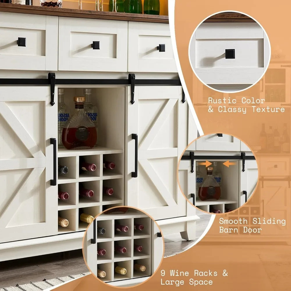 Coffee Bar Cabinet Sliding Barn Door 72" Farmhouse Sideboard Storage