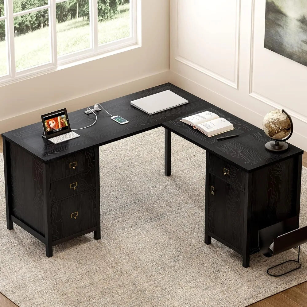 L Shaped Desk with Drawers Storage File Cabinet for Home Office
