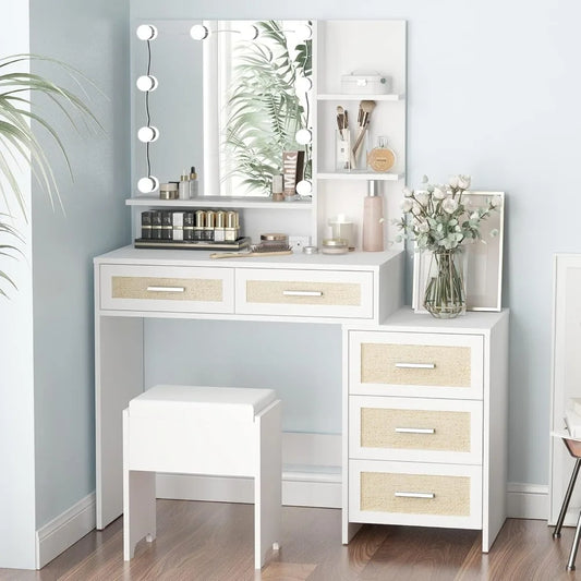 Boho Rattan Vanity Desk with Mirror Lights Bedroom Makeup Set