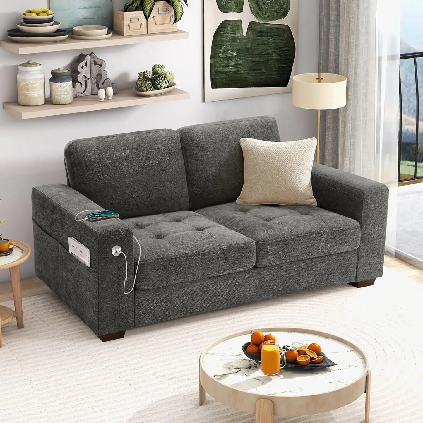 Modern 89 Inch Sofa Living Room Couch Comfy Chenille Fabric