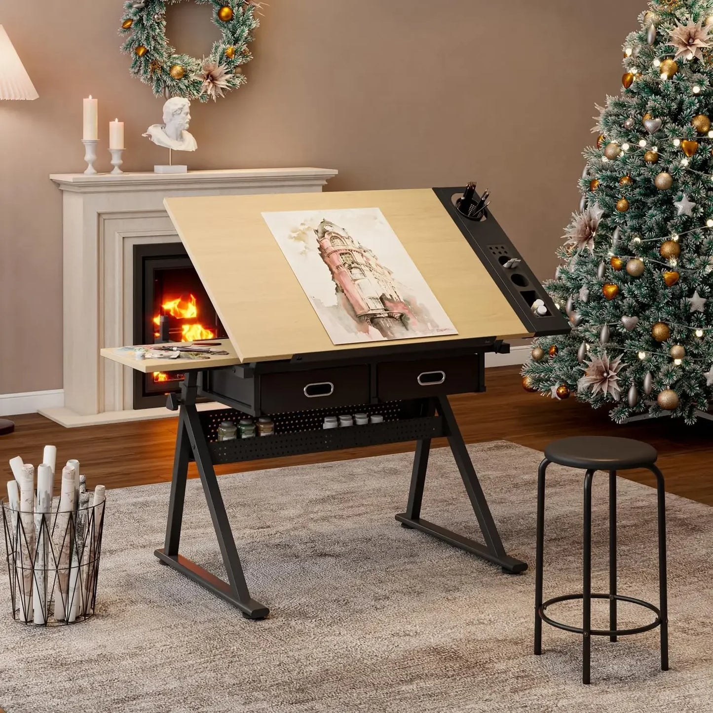 Adjustable Drafting Table Multi-Functional Drawing Desk with Stool