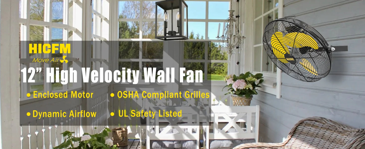 Ljustra 2500 CFM 12 Inch Industrial Wall Mount Fan High Velocity 3 Speed